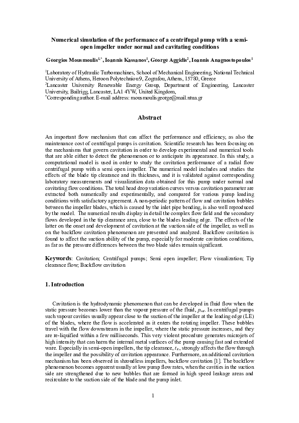 (PDF) Numerical simulation of the performance of a centrifugal pump ...