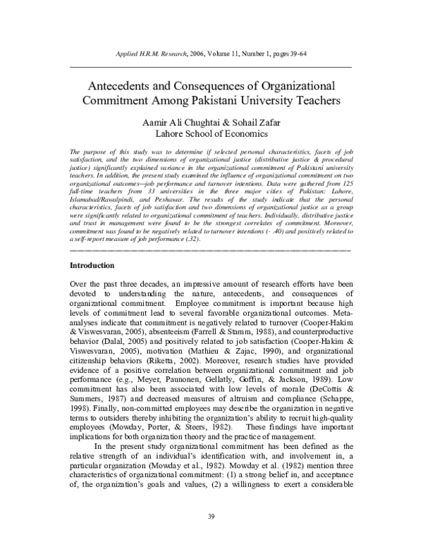 (PDF) Antecedents and Consequences of Organizational Commitment: A ...