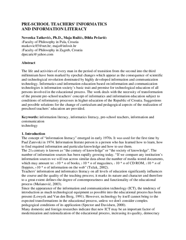 (PDF) Pre-School Teachers' Informatics and Information Literacy
