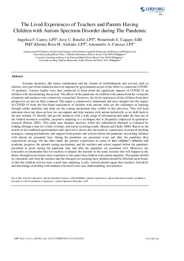 (PDF) The Lived Experiences of Teachers and Parents Having Children ...