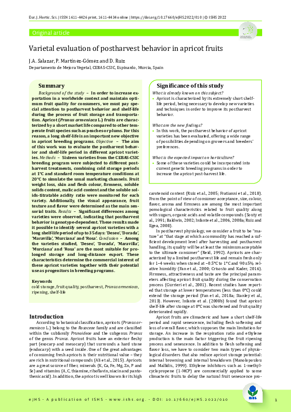 (PDF) Varietal evaluation of postharvest behavior in apricot fruits