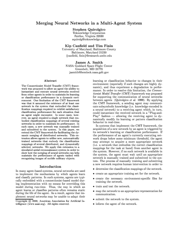 (PDF) Merging Neural Networks in a Multi-Agent System