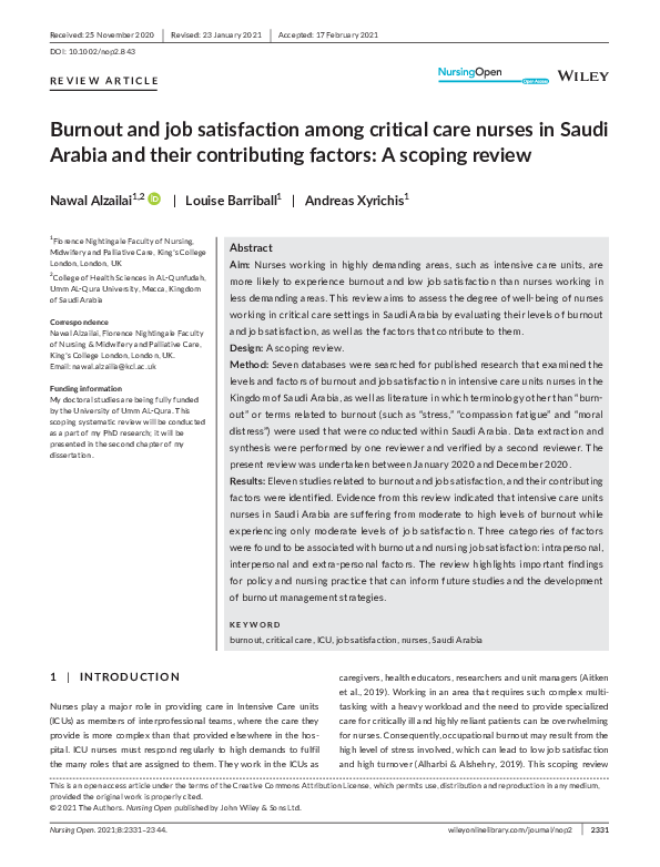 (PDF) Burnout and job satisfaction among critical care nurses in Saudi ...
