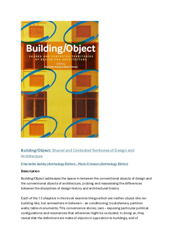 (PDF) Building/Object: Shared and Contested Territories of Design and ...