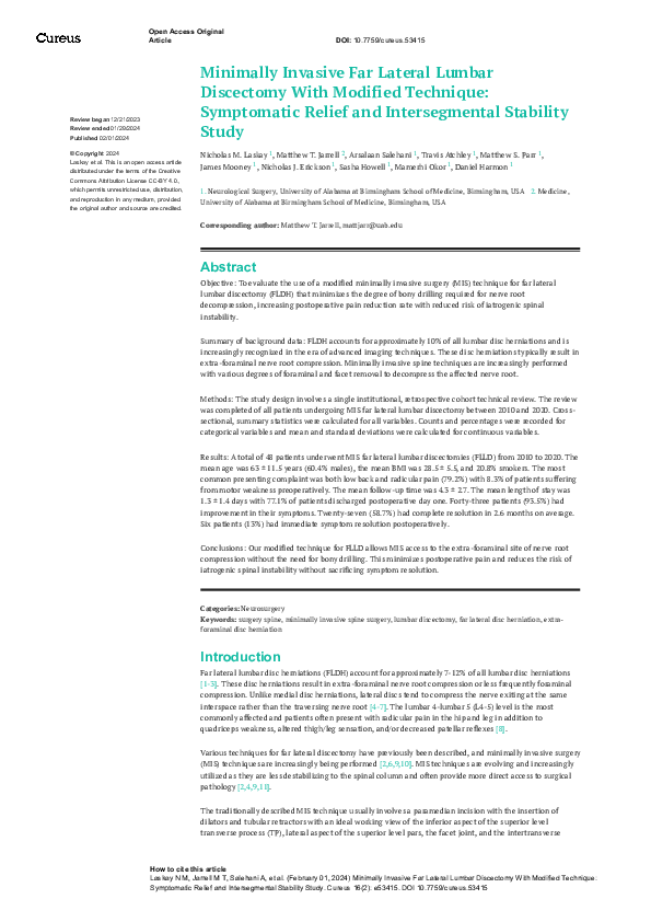 (PDF) Minimally Invasive Far Lateral Lumbar Discectomy With Modified ...