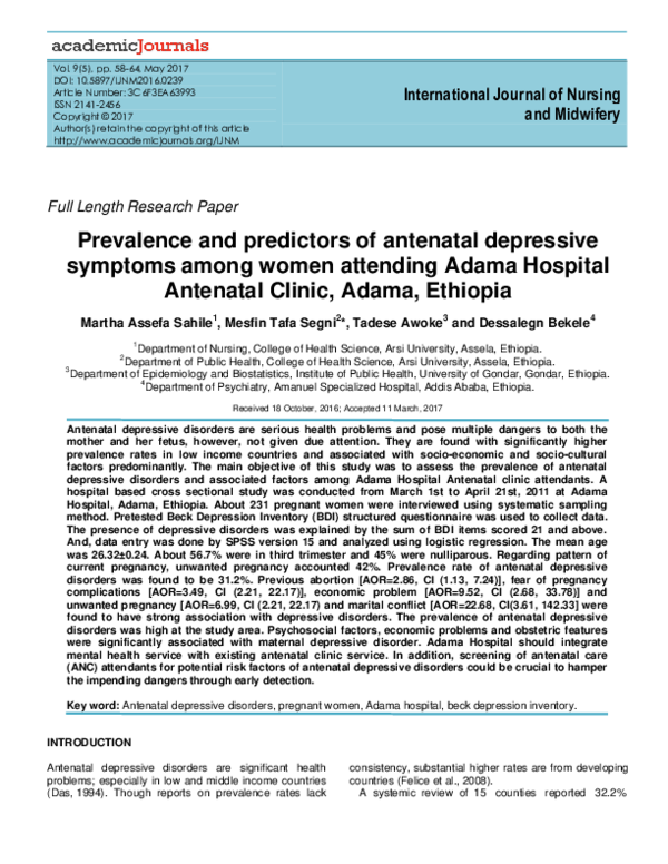(PDF) Prevalence and predictors of antenatal depressive symptoms among ...