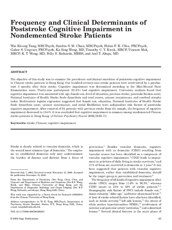 (PDF) Frequency and Clinical Determinants of Poststroke Cognitive ...