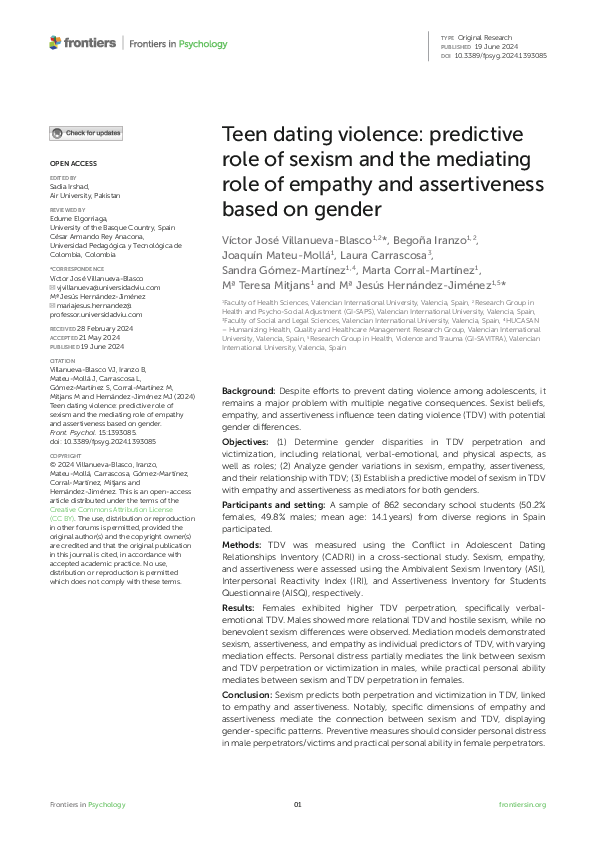 (PDF) Teen dating violence: predictive role of sexism and the mediating ...