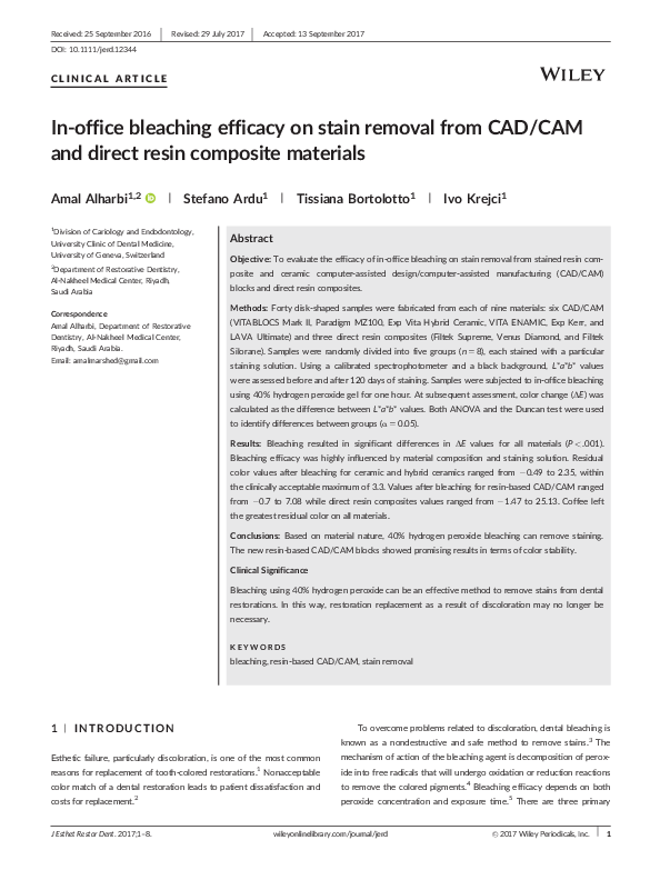 (PDF) In‐office bleaching efficacy on stain removal from CAD/CAM and ...