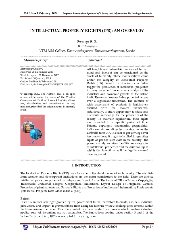 (PDF) Intellectual Property Rights (Ipr): An Overview