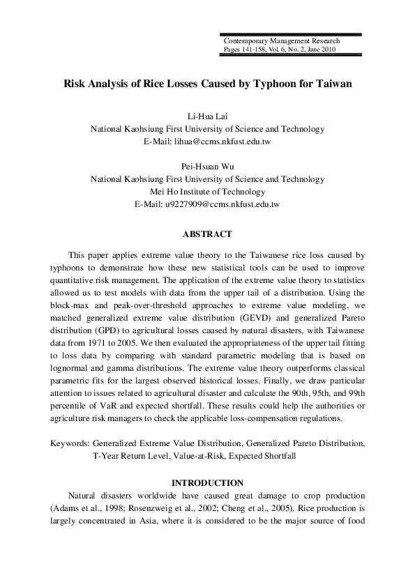 (PDF) Risk Analysis of Rice Losses Caused by Typhoon for Taiwan