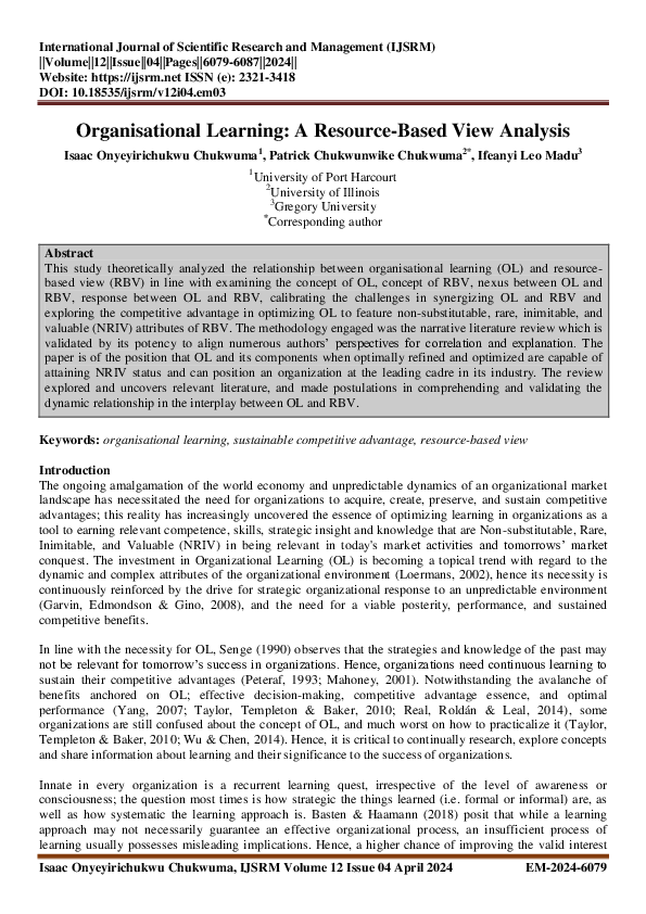 (PDF) Organisational Learning: A Resource-Based View Analysis