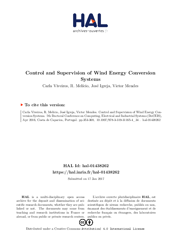 (PDF) Control and Supervision of Wind Energy Conversion Systems