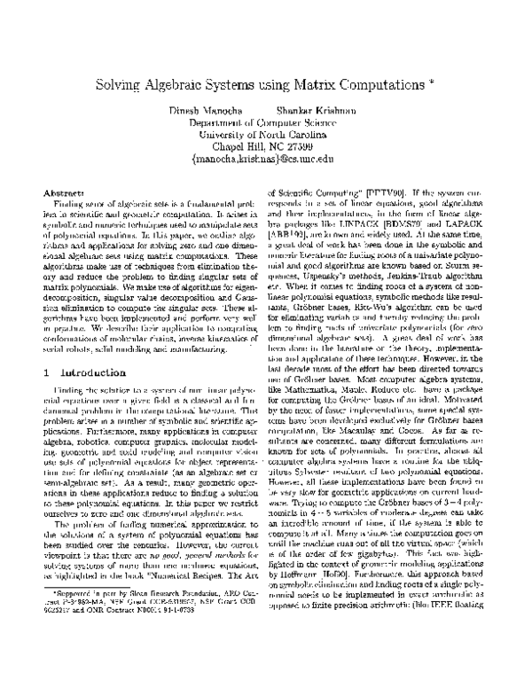 (PDF) Solving algebraic systems using matrix computations
