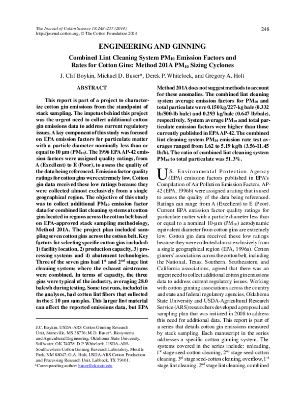 (PDF) ENGINEERING AND GINNING Second Stage Lint Cleaning System PM10 ...