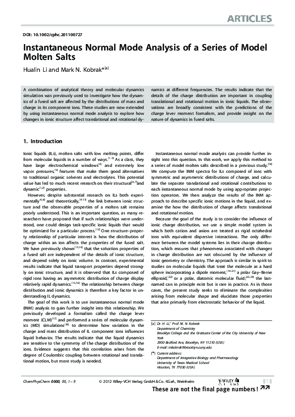(PDF) Instantaneous Normal Mode Analysis of a Series of Model Molten Salts