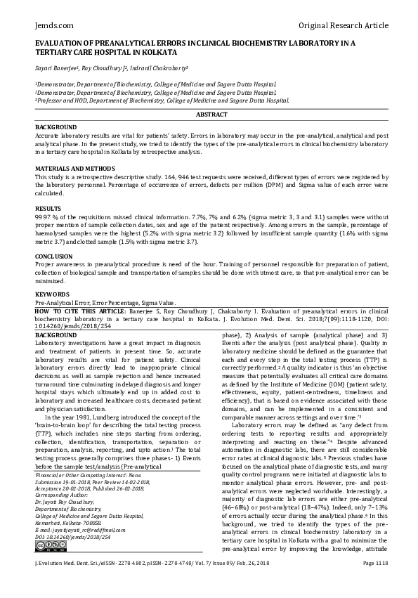 (PDF) Evaluation of Preanalytical Errors in Clinical Biochemistry ...