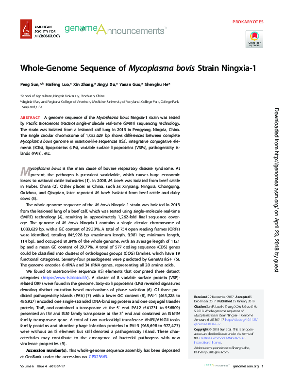 (PDF) Whole-Genome Sequence of Mycoplasma bovis Strain Ningxia-1