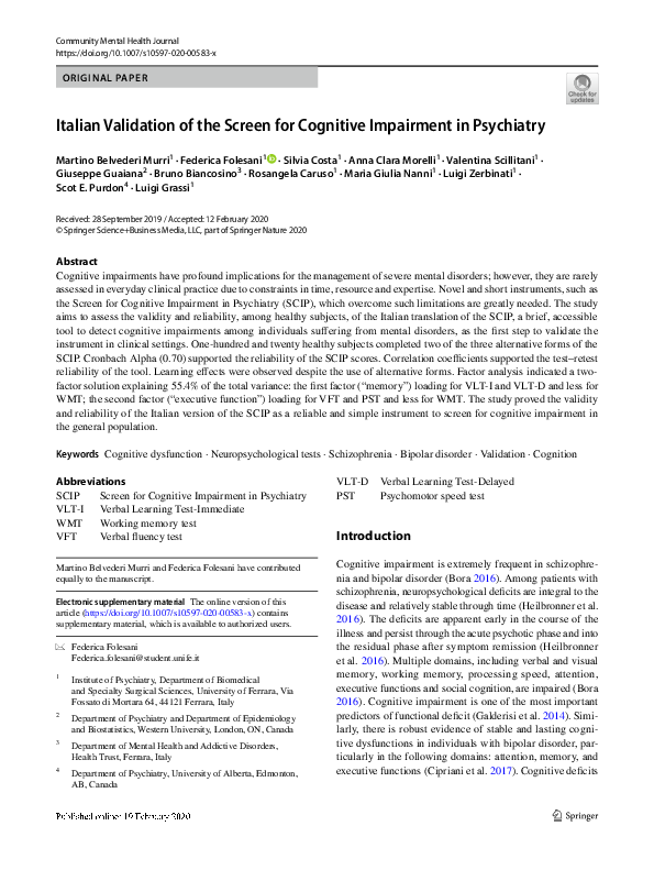 (PDF) Italian Validation of the Screen for Cognitive Impairment in ...