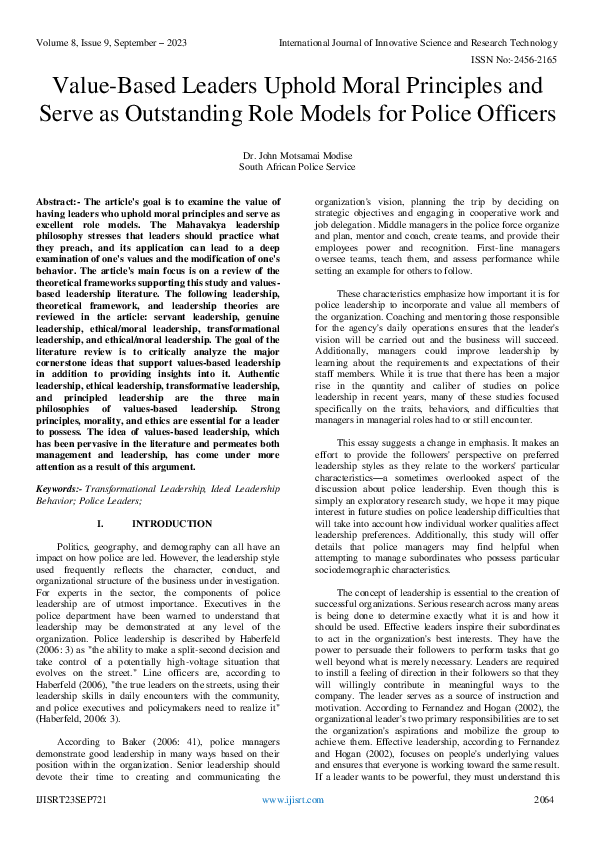 (PDF) Value-Based Leaders Uphold Moral Principles and Serve as ...