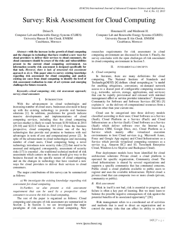 (PDF) Survey: Risk Assessment for Cloud Computing
