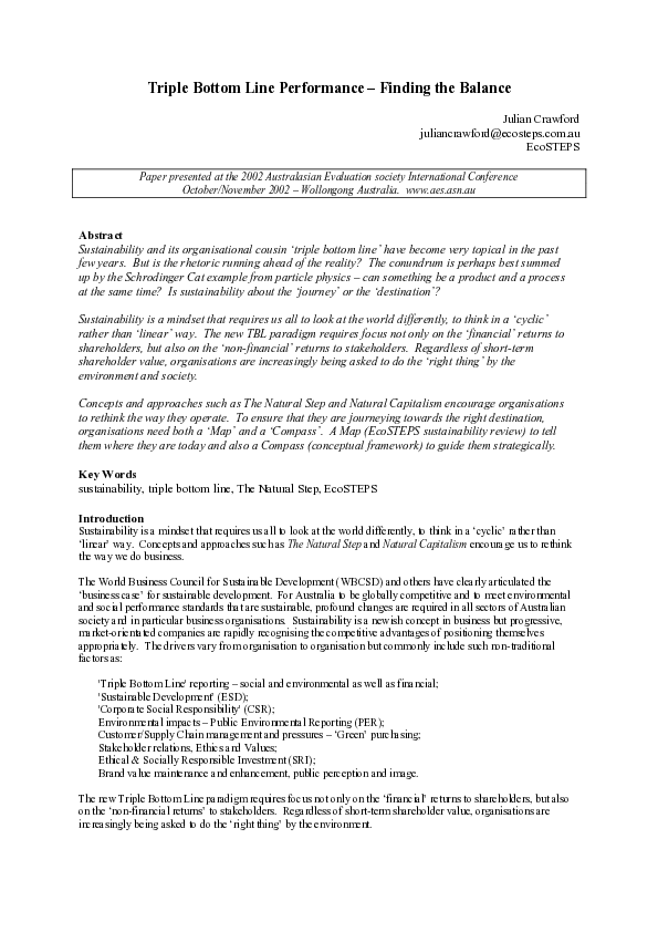 (PDF) Triple Bottom Line Performance - Finding the Balance