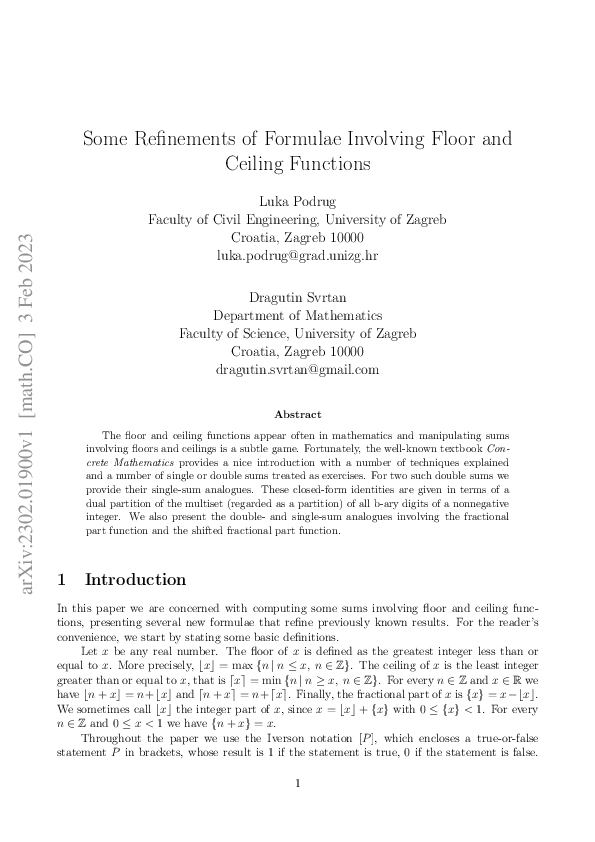 (PDF) Some Refinements of Formulae Involving Floor and Ceiling Functions