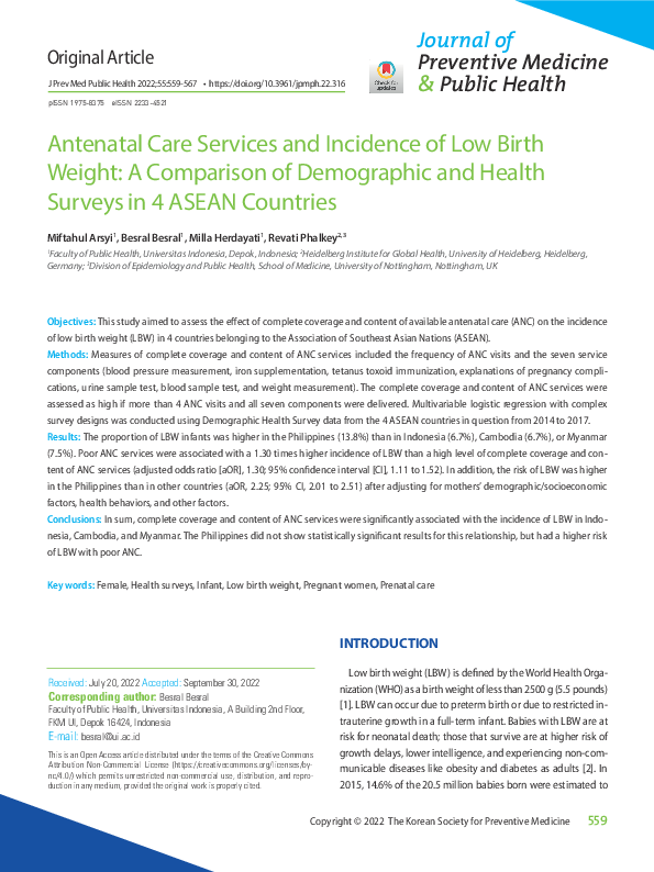 (PDF) Antenatal Care Services and Incidence of Low Birth Weight: A ...