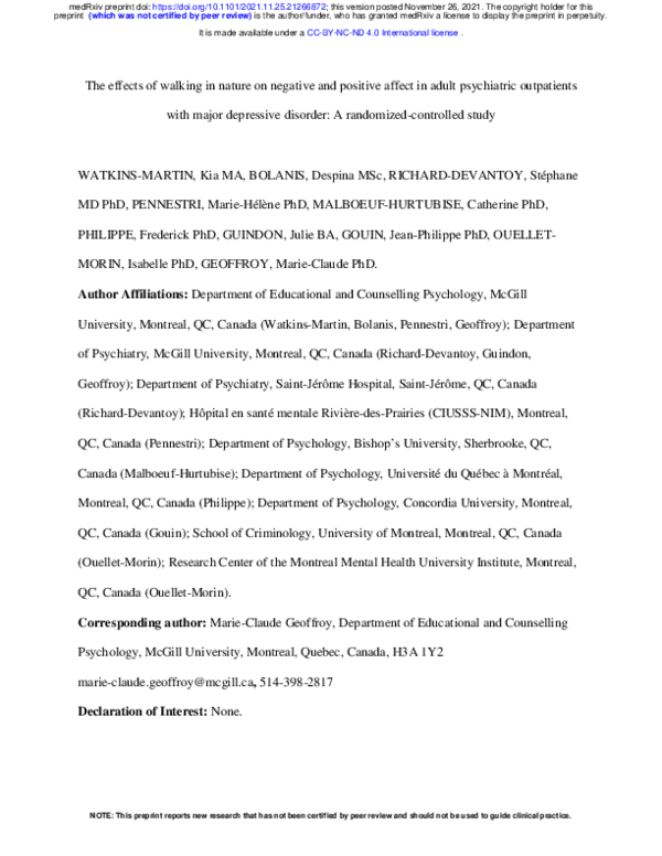 (PDF) The effects of walking in nature on negative and positive affect ...