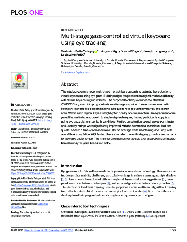 (PDF) Multi-stage gaze-controlled virtual keyboard using eye tracking