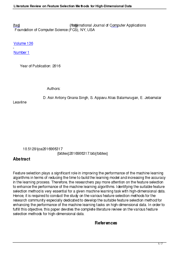 (PDF) Literature Review on Feature Selection Methods for High ...