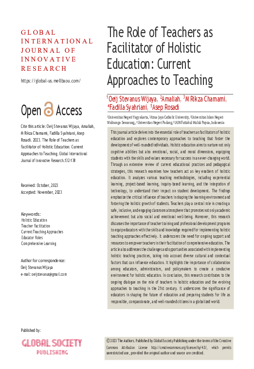 (PDF) The Role of Teachers as Facilitator of Holistic Education ...