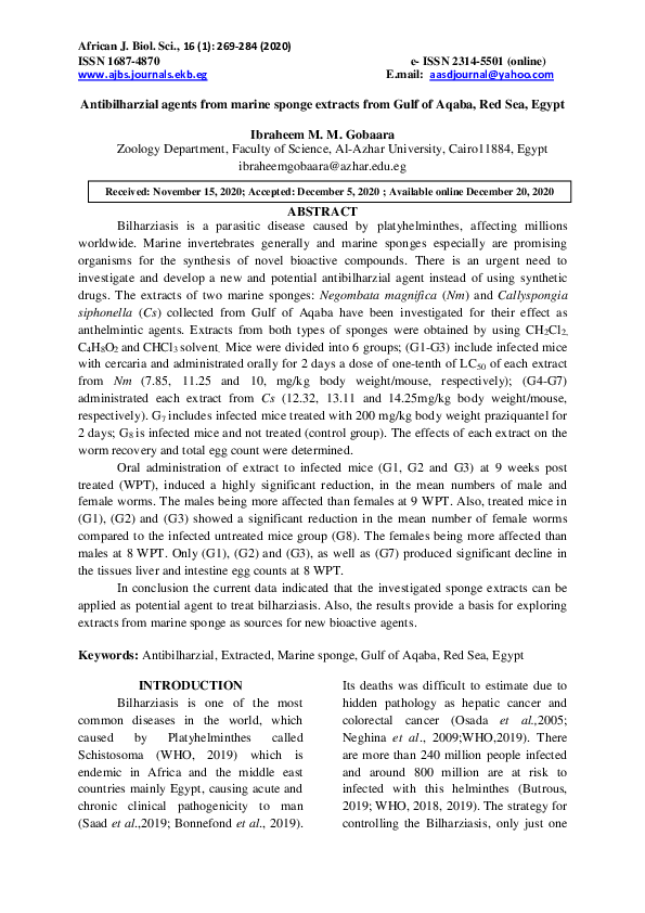 (PDF) Antibilharzial agents from marine sponge extract from Gulf of ...