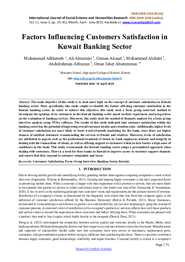 (PDF) Factors Influencing Customers Satisfaction in Kuwait Banking Sector