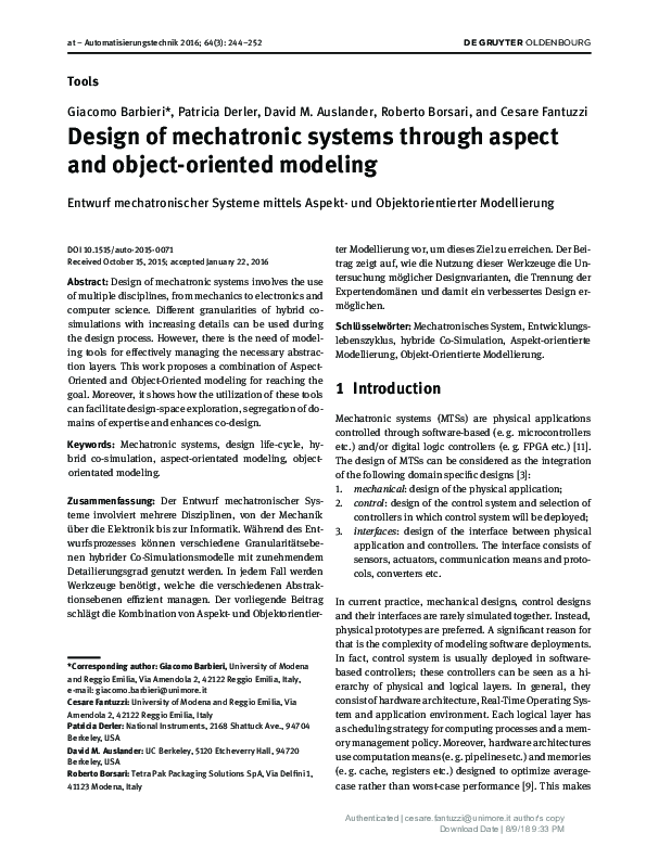 (PDF) Design of mechatronic systems through aspect and object-oriented ...
