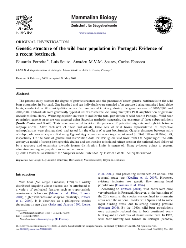 (PDF) Genetic structure of the wild boar population in Portugal ...