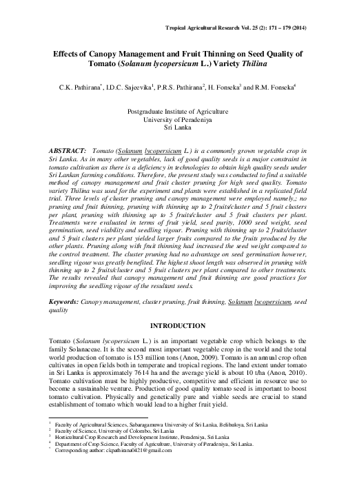 (PDF) Effects of Canopy Management and Fruit Thinning on Seed Quality ...