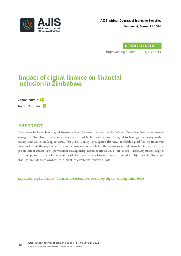 (PDF) Impact of digital finance on financial inclusion in Zimbabwe