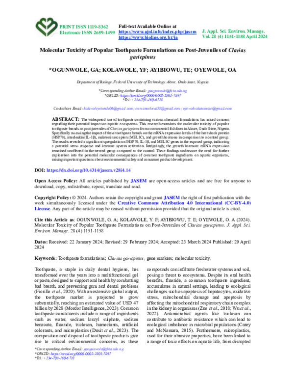 (PDF) Molecular Toxicity of Popular Toothpaste Formulations on Post ...