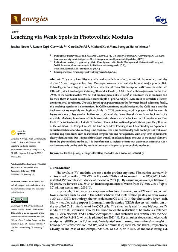 (PDF) Leaching via Weak Spots in Photovoltaic Modules