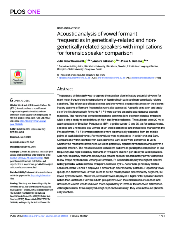 (PDF) Acoustic analysis of vowel formant frequencies in genetically ...