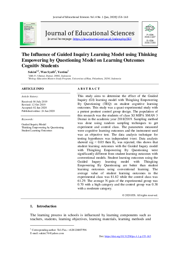 (PDF) The Influence of Guided Inquiry Learning Model using Thinking ...
