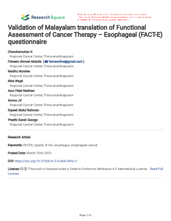 (PDF) Validation of Malayalam translation of Functional Assessment of ...