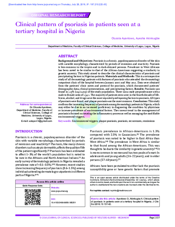 (PDF) Clinical pattern of psoriasis in patients seen at a tertiary ...