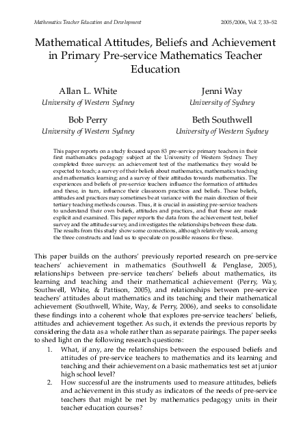 (PDF) Mathematical Attitudes, Beliefs and Achievement in Primary Pre ...