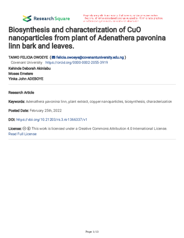 (PDF) Biosynthesis and characterization of CuO nanoparticles from plant ...