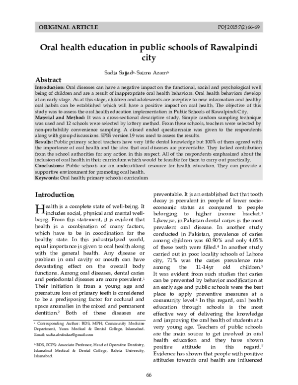 (PDF) Oral health education in public schools of Rawalpindi city