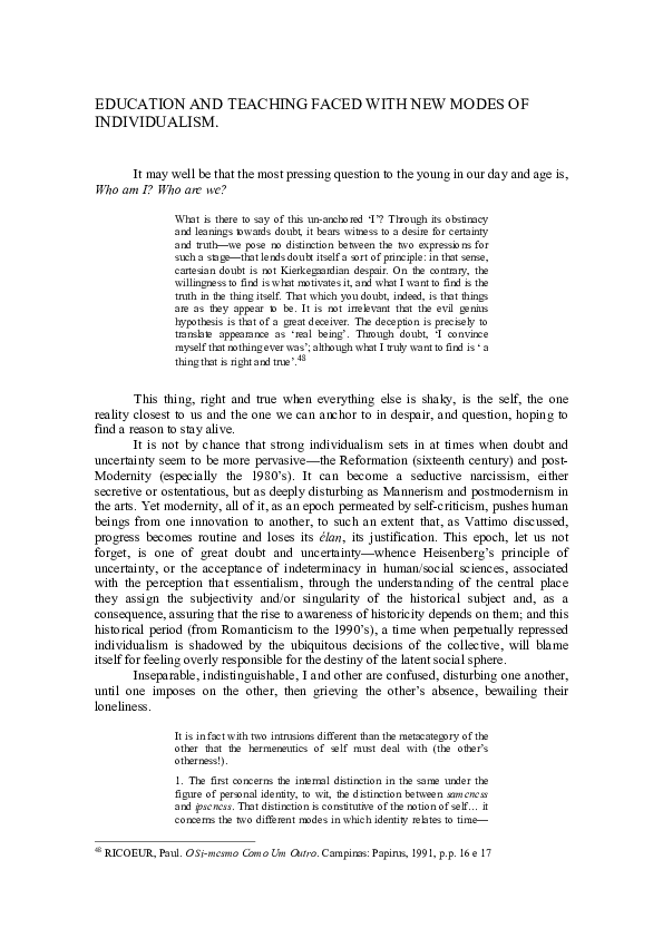 (PDF) EDUCATION AND TEACHING FACED WITH NEW MODES OF INDIVIDUALISM