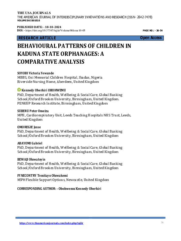 (PDF) BEHAVIOURAL PATTERNS OF CHILDREN IN KADUNA STATE ORPHANAGES: A ...