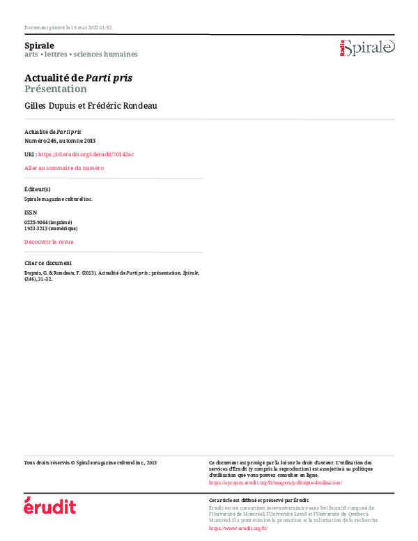 (PDF) Actualité de Parti pris : Présentation | Frederic Rondeau ...